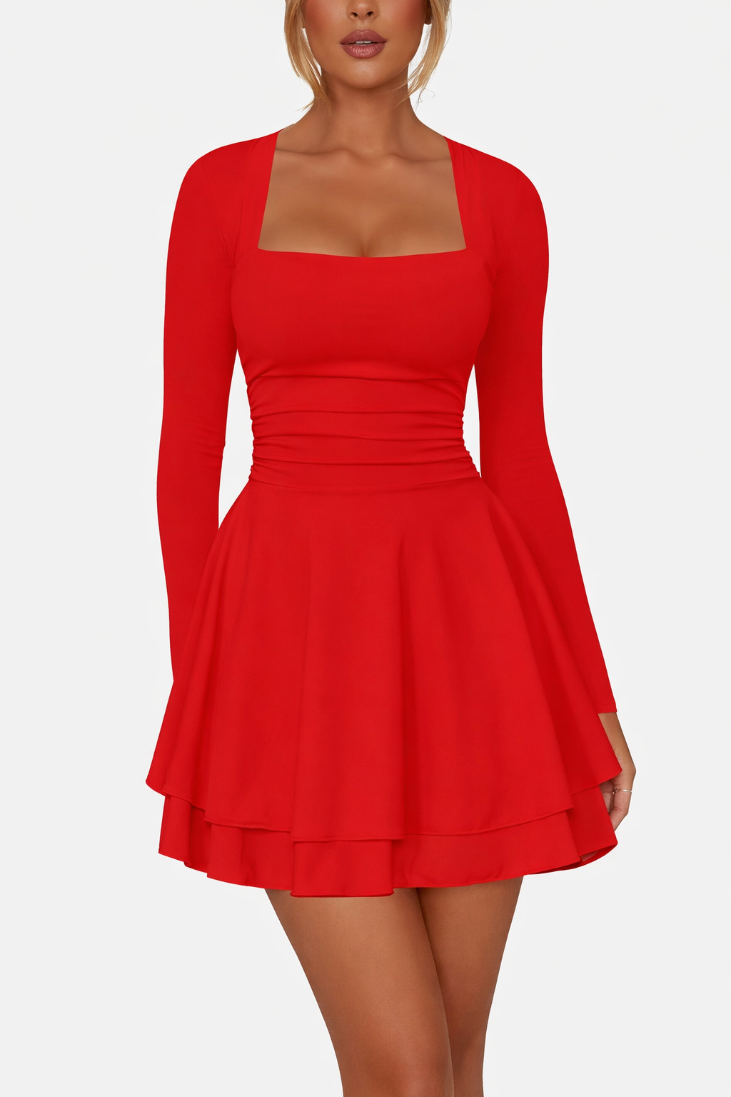 Square Neck Long Sleeve Mini Dress