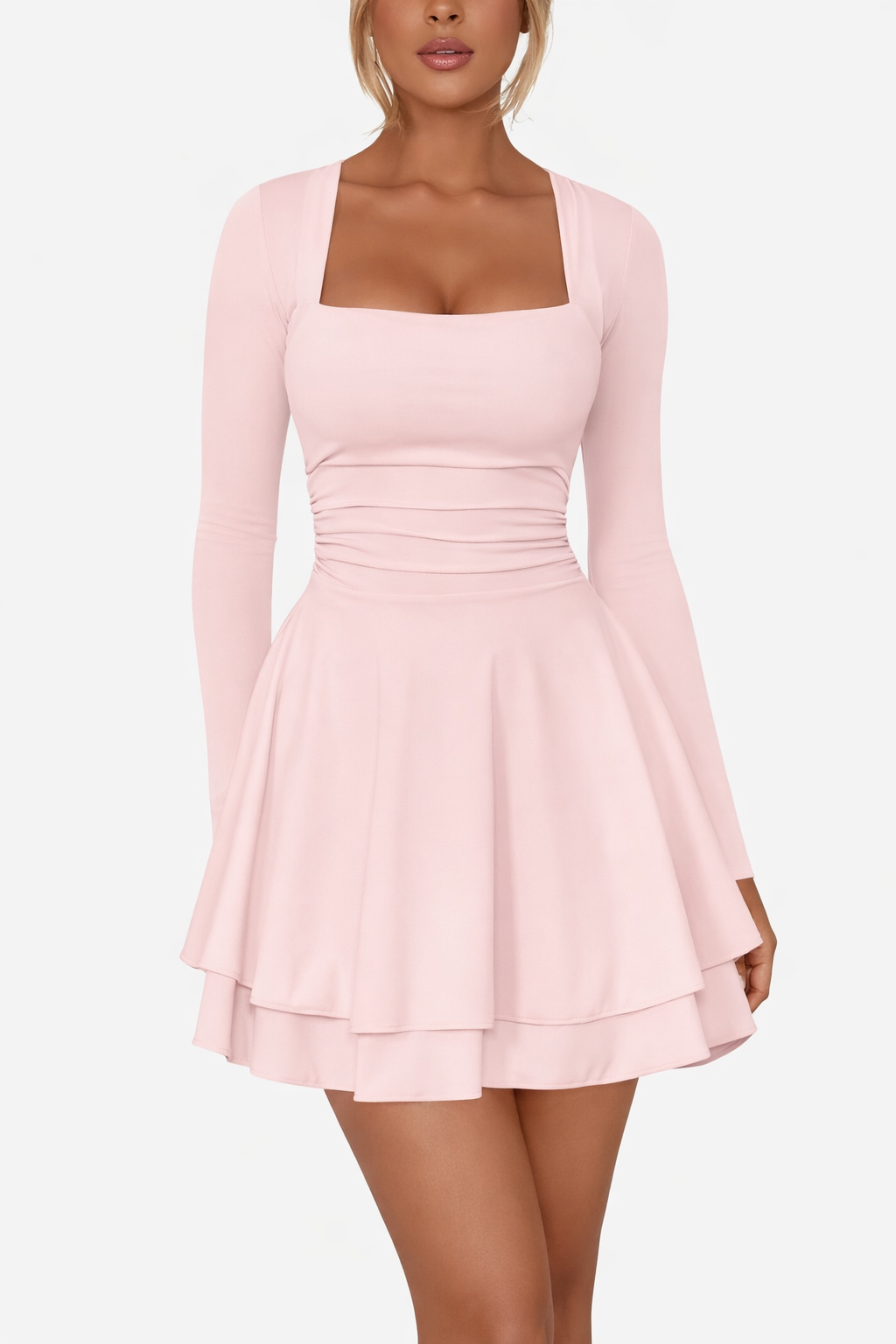 Square Neck Long Sleeve Mini Dress