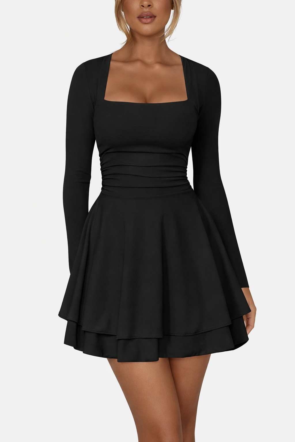 Square Neck Long Sleeve Mini Dress